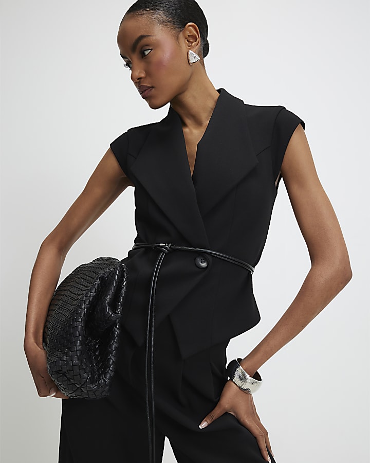 Black Sleeveless Belted Waistcoat
