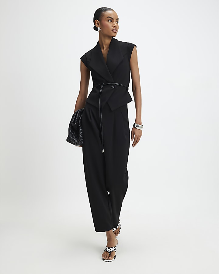 Black Sleeveless Belted Waistcoat