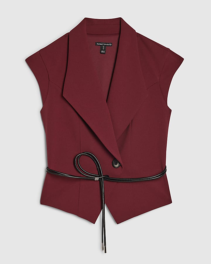 Red Sleeveless Belted Waistcoat
