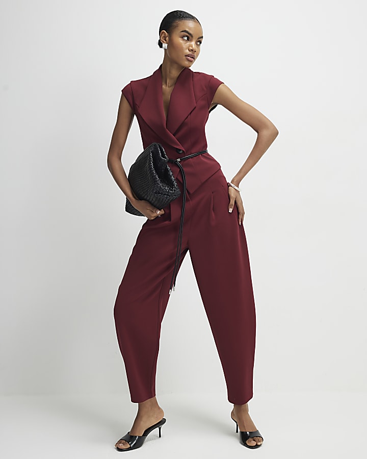Red Pleated Tapered Trousers
