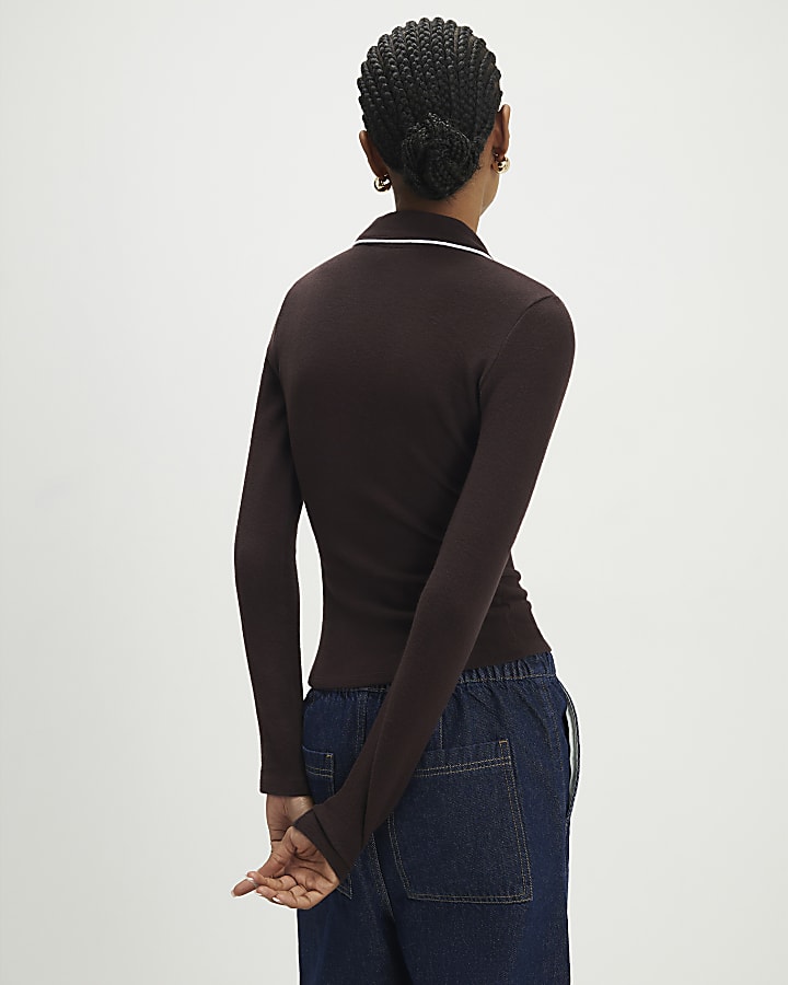 Brown Cosy Tipped Polo Top