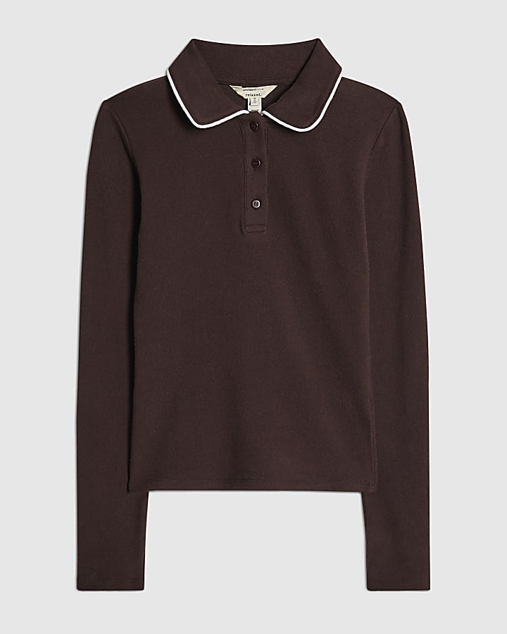 Brown Cosy Tipped Polo Top