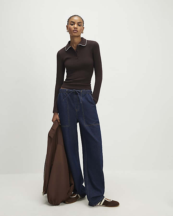 Brown Cosy Tipped Polo Top