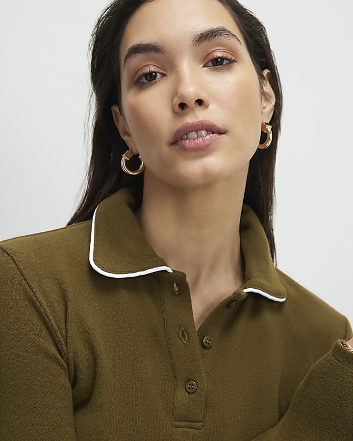 Khaki Long Sleeve Cosy Tipped Polo Shirt