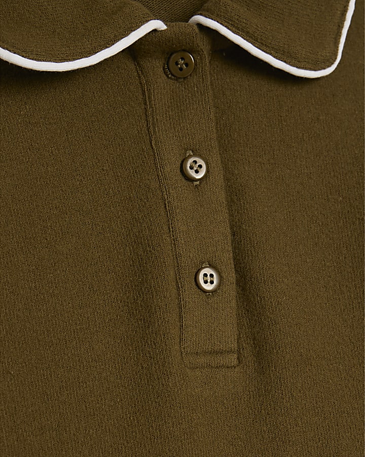 Khaki Long Sleeve Cosy Tipped Polo Shirt