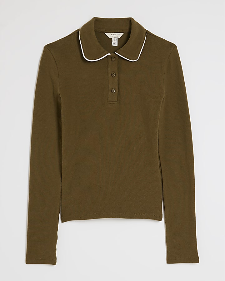 Khaki Long Sleeve Cosy Tipped Polo Shirt