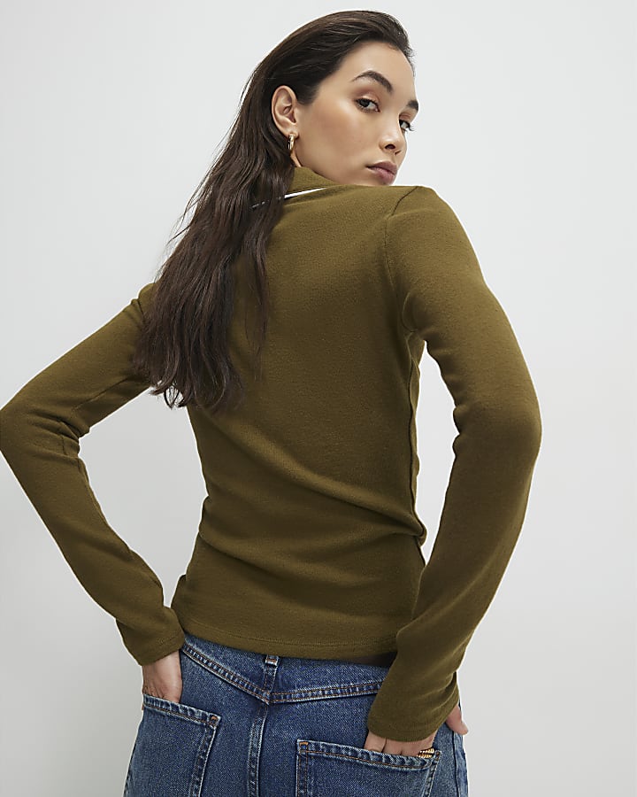 Khaki Long Sleeve Cosy Tipped Polo Shirt