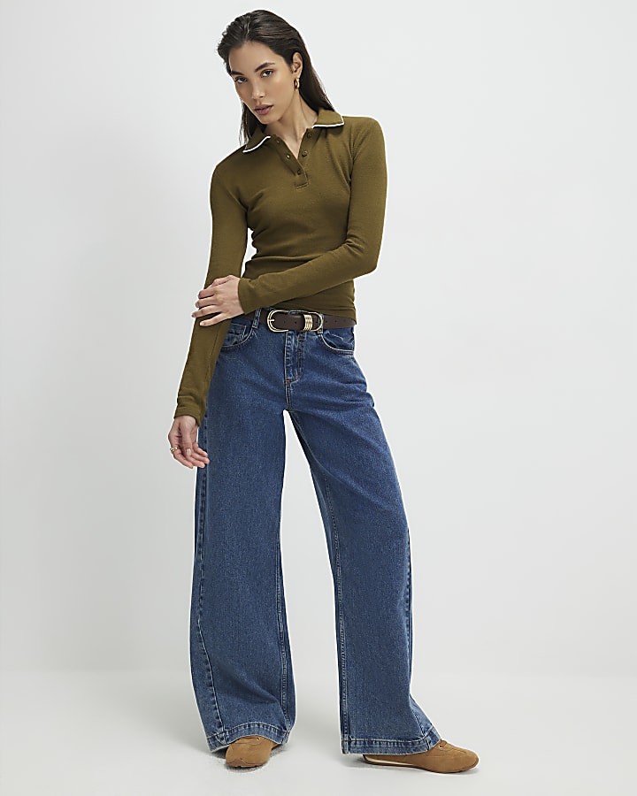 Khaki Long Sleeve Cosy Tipped Polo Shirt