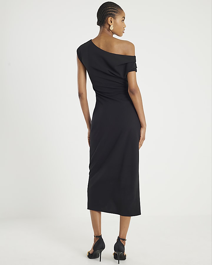 Black Sleeveless Drape Midi Dress