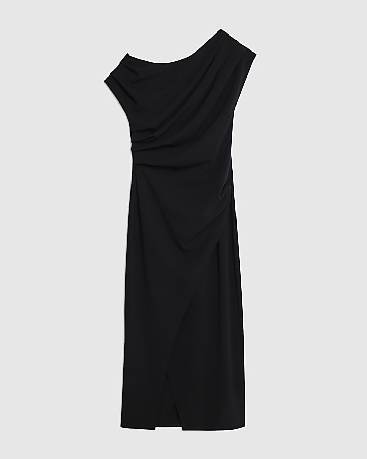 Black Sleeveless Drape Midi Dress