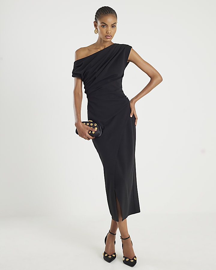 Black Sleeveless Drape Midi Dress