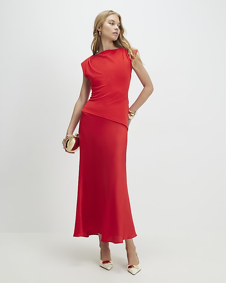 Red Satin Hybrid Midi Dress