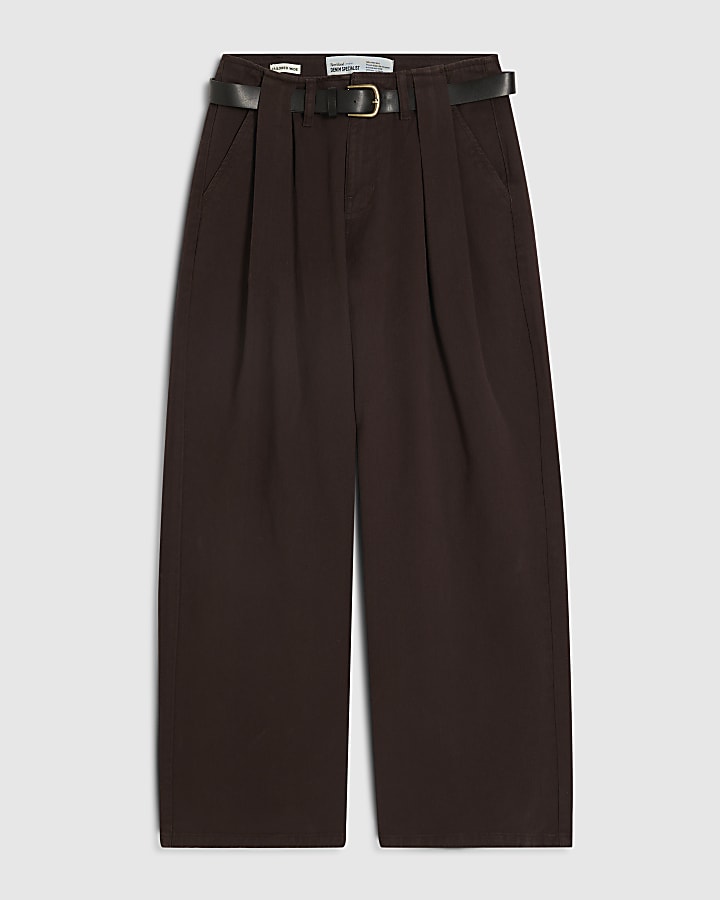 Brown Belted Pleated Wide Leg Jeans