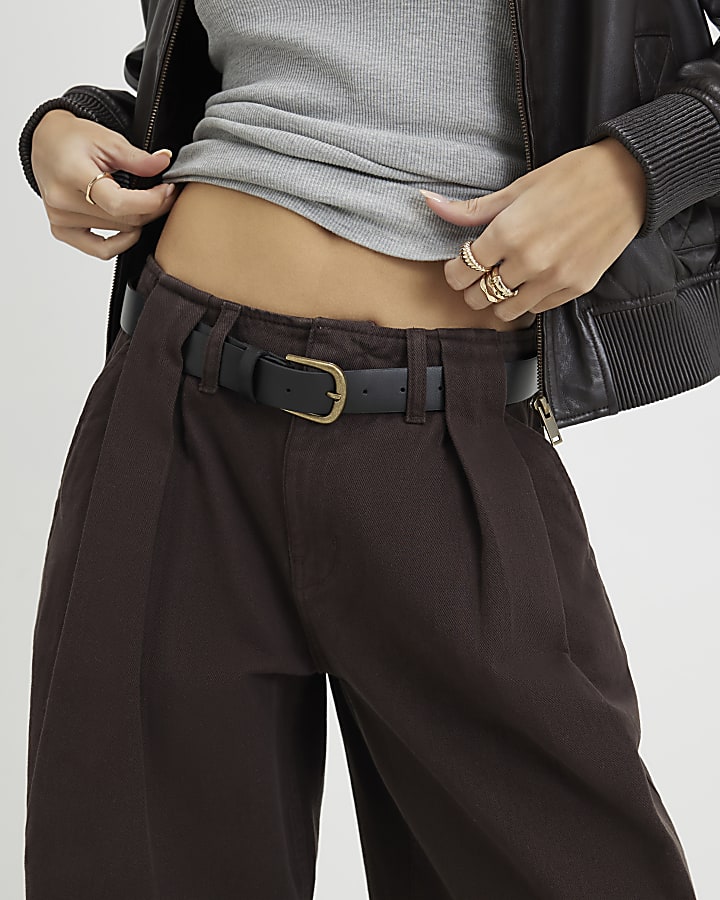 Brown Belted Pleated Wide Leg Jeans