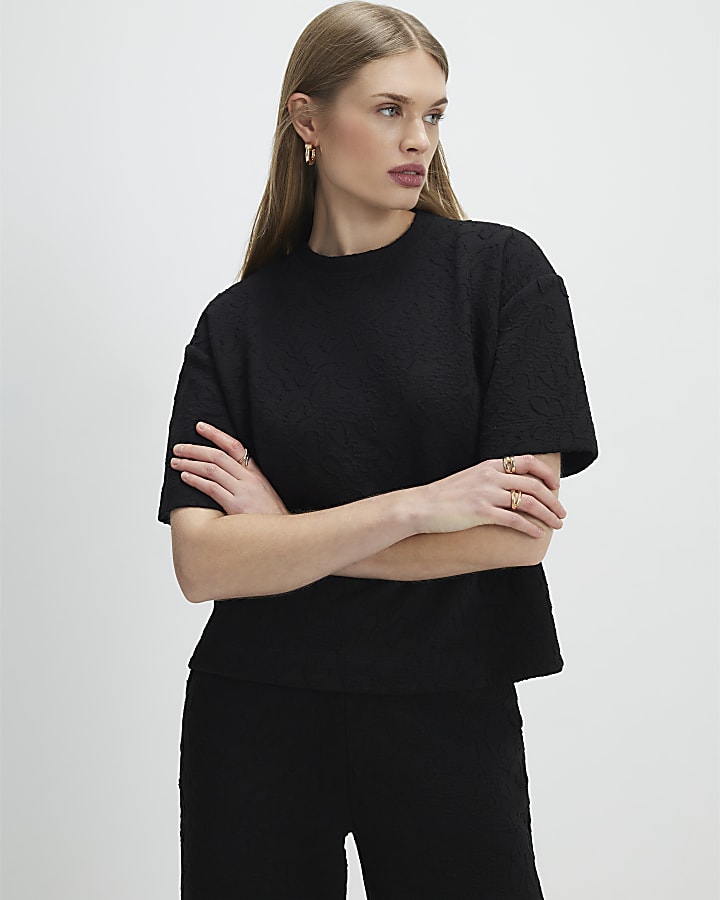 Black Jacquard Short Sleeve Boxy T-shirt