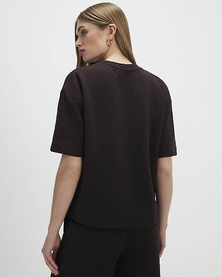 Brown Jacquard Short Sleeve Boxy T-shirt