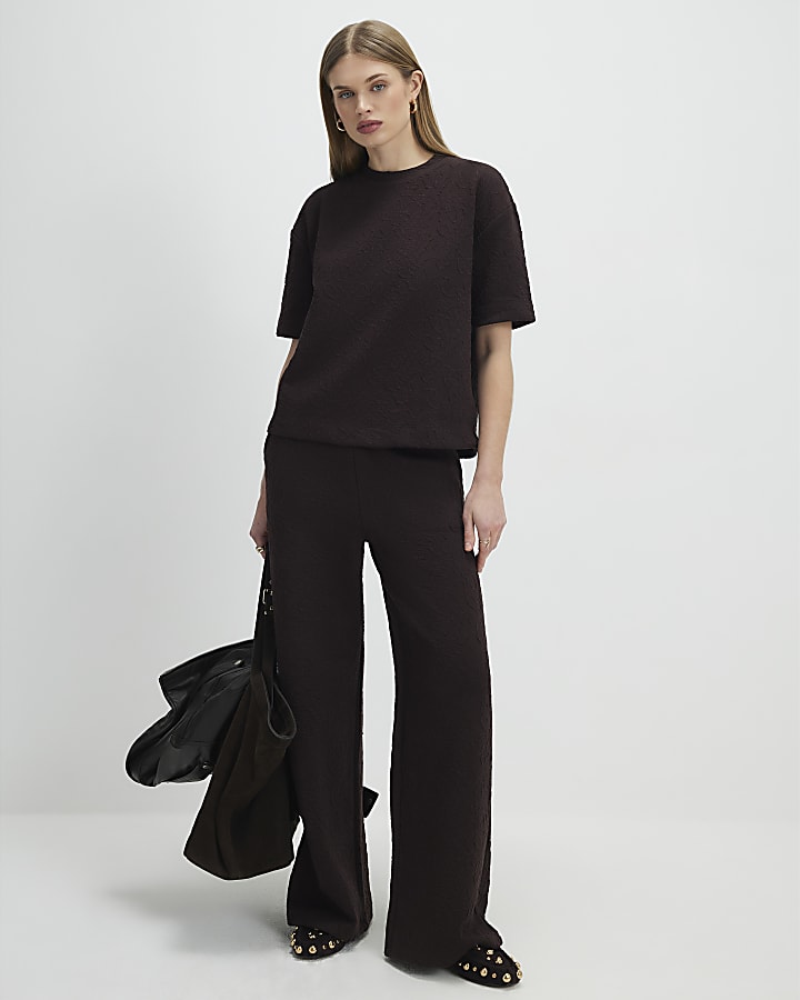 Brown Jacquard Short Sleeve Boxy T-shirt