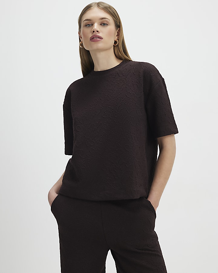 Brown Jacquard Short Sleeve Boxy T-shirt