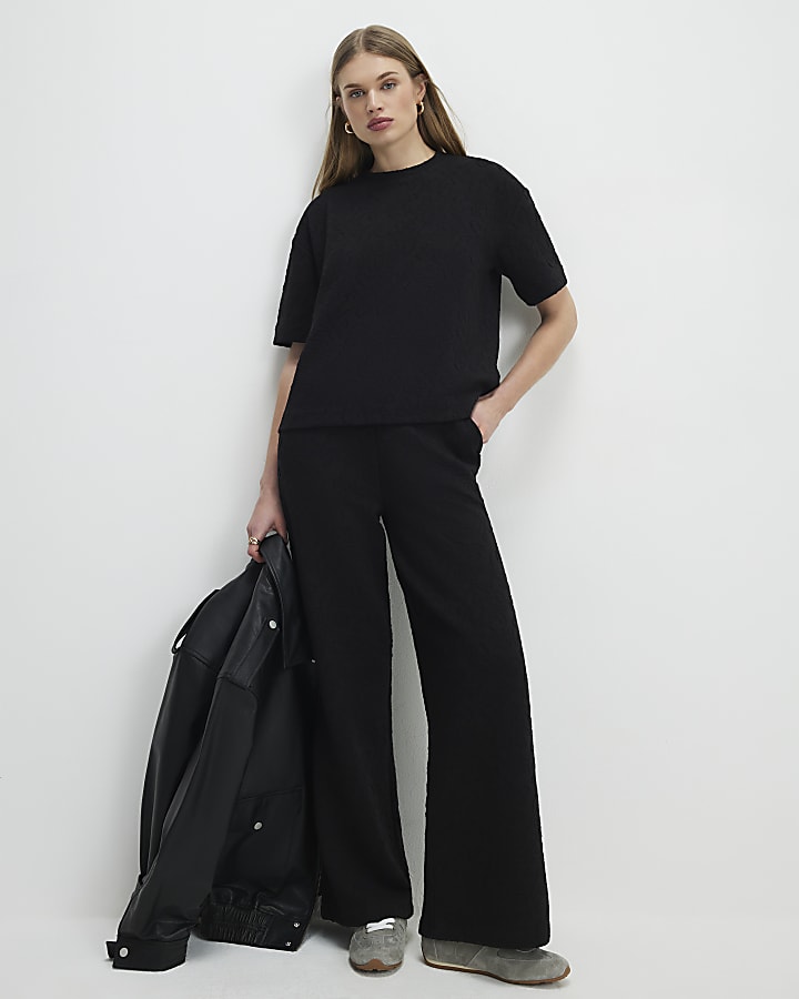 Black Jacquard Wide Leg Trousers