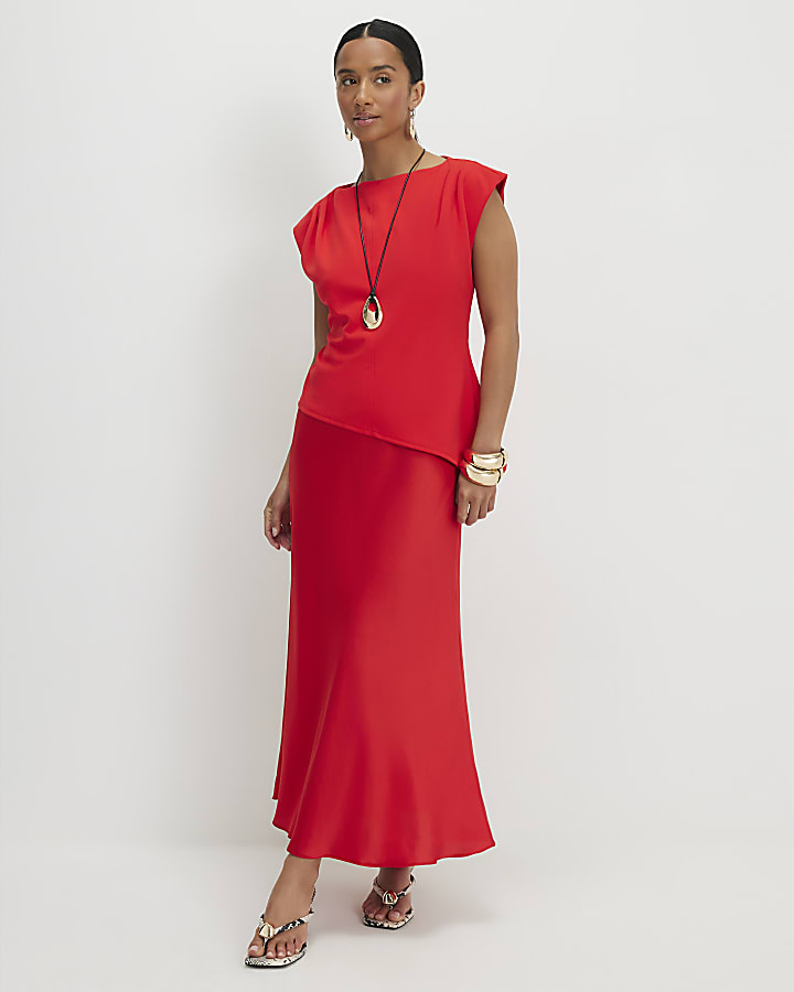 Petite Red Satin Hybrid Midi Dress