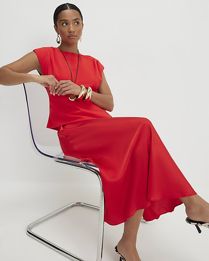 Petite Red Satin Hybrid Midi Dress