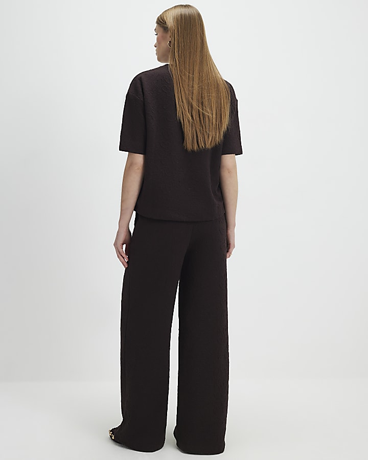Brown Jacquard Wide Leg Trousers