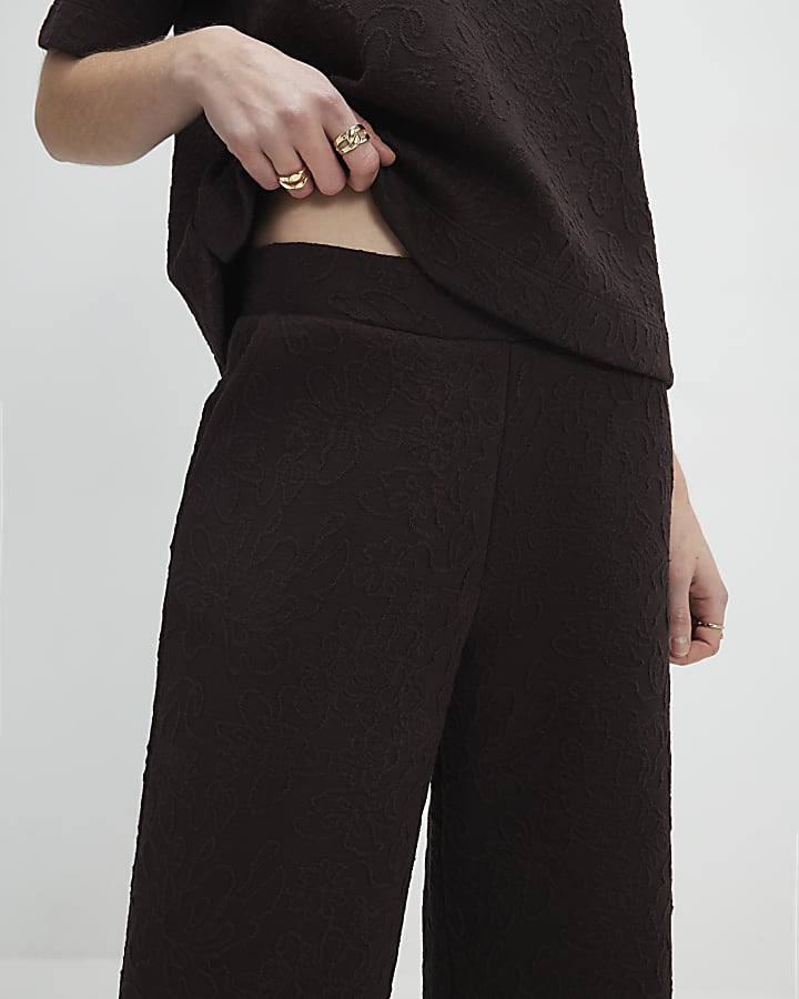 Brown Jacquard Wide Leg Trousers