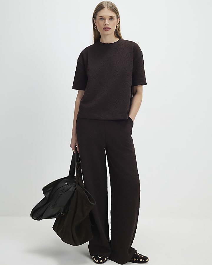 Brown Jacquard Wide Leg Trousers