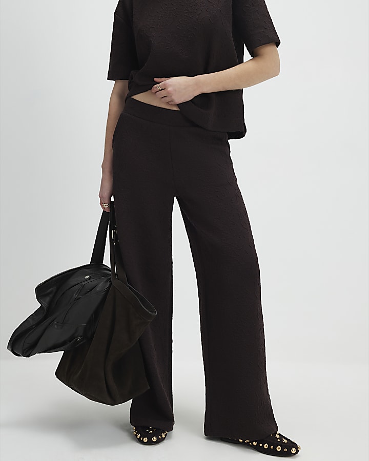 Brown Jacquard Wide Leg Trousers