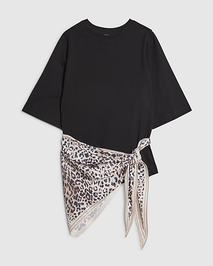 Black Short Sleeve Scarf Mix T-Shirt