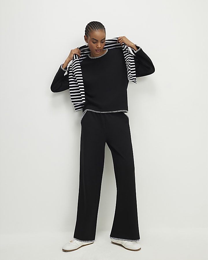Black Whipstitch Cosy Wide Leg Joggers