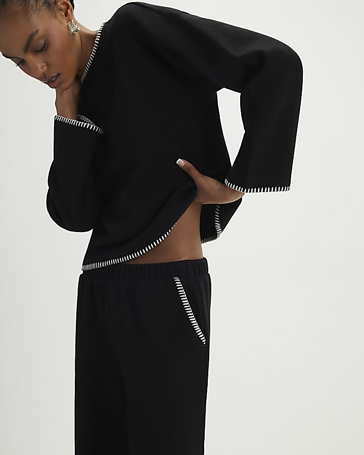 Black Whipstitch Cosy Wide Leg Joggers