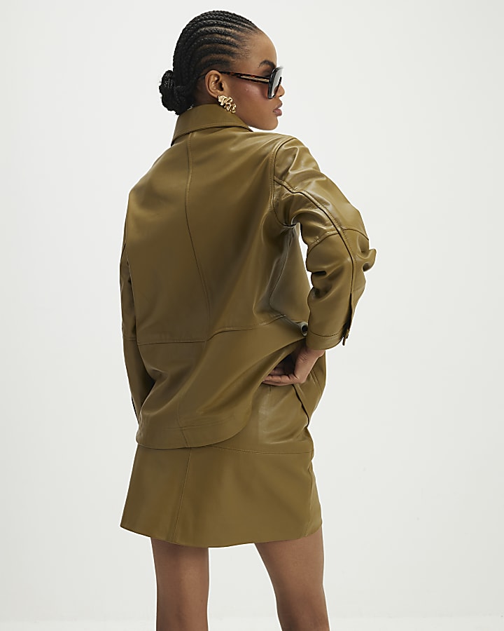 Green Leather Seam Detail Mini Skirt