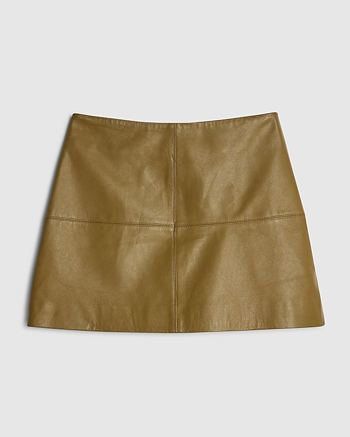 Green Leather Seam Detail Mini Skirt