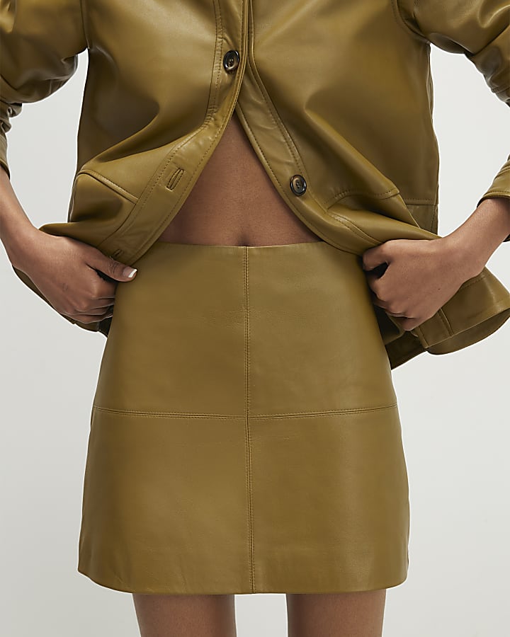 Green Leather Seam Detail Mini Skirt