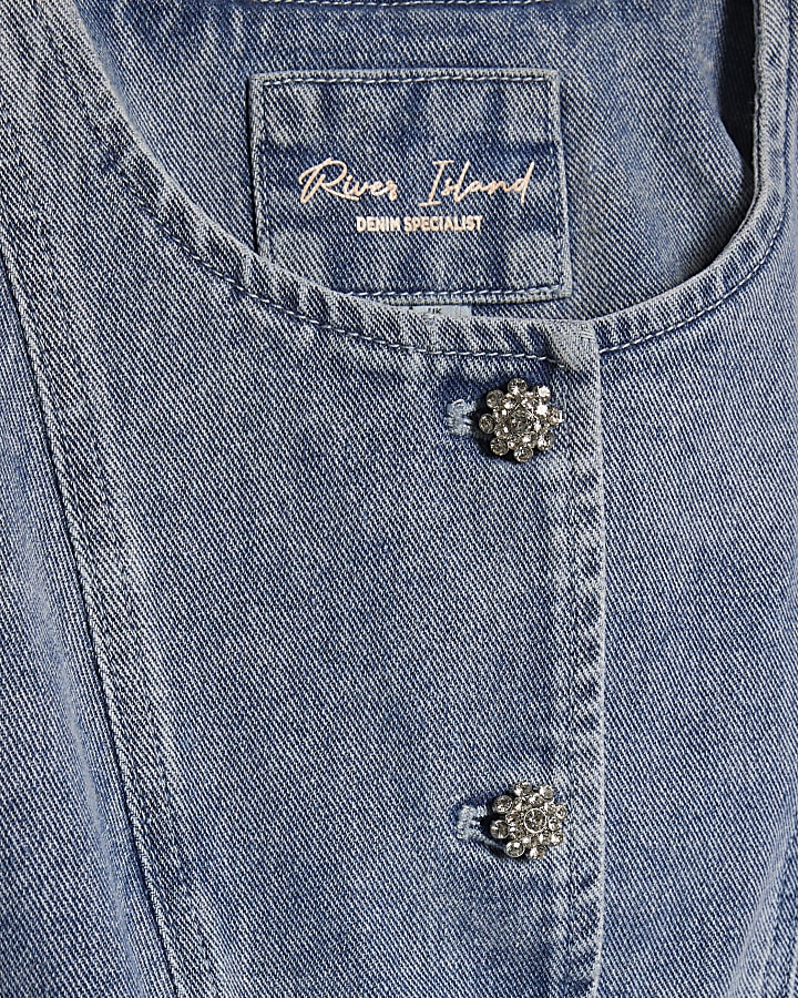 Blue Washed Bling Button Denim Top