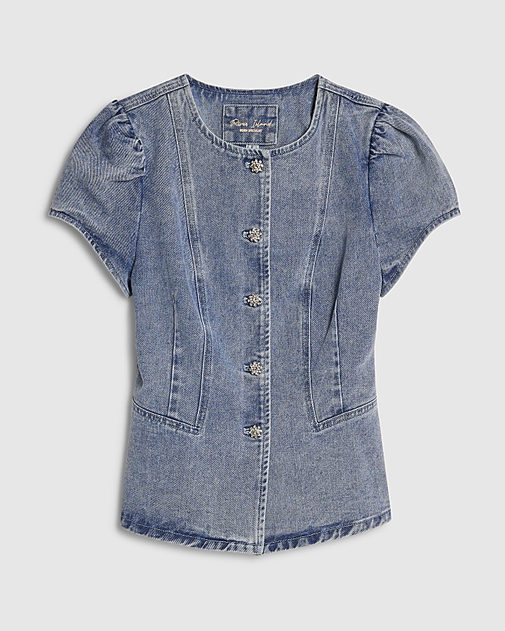 Blue Washed Bling Button Denim Top