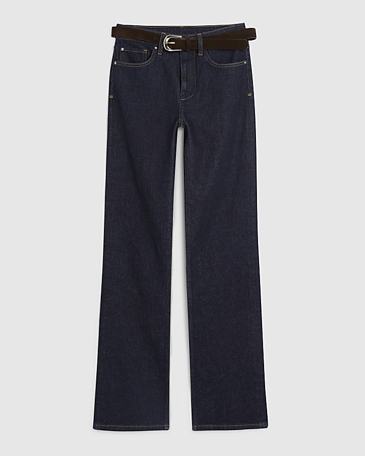 Blue High Waisted Belted Straight Leg Jeans