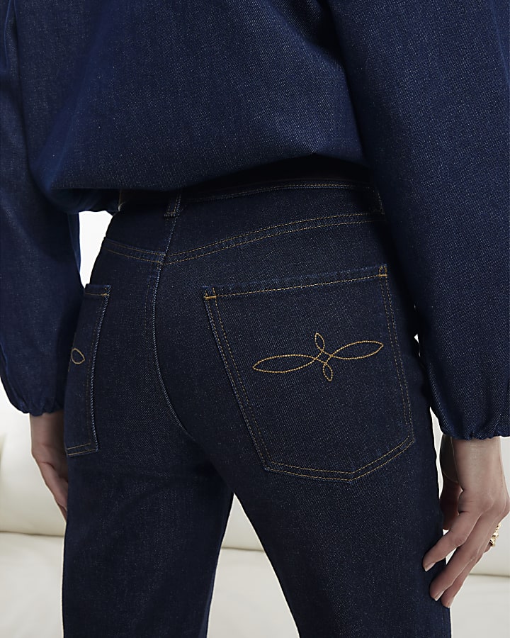 Blue High Waisted Belted Straight Leg Jeans