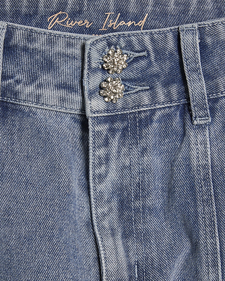 Blue Washed Bling Button Wide Leg Jeans
