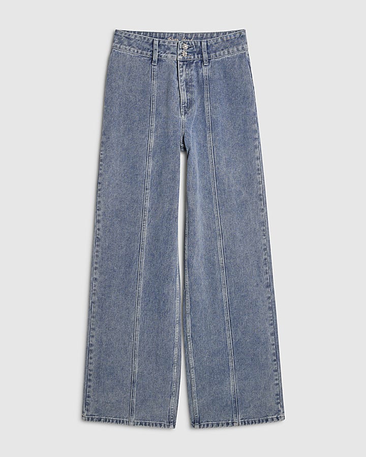 Blue Washed Bling Button Wide Leg Jeans