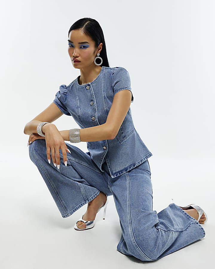 Blue Washed Bling Button Wide Leg Jeans