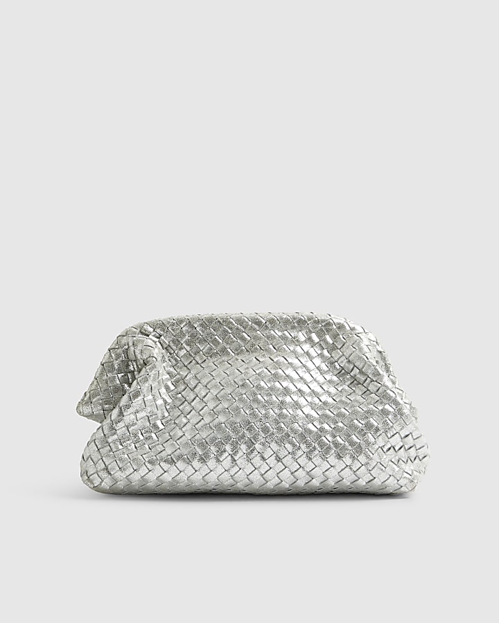 Silver Leather Woven Clutch Bag