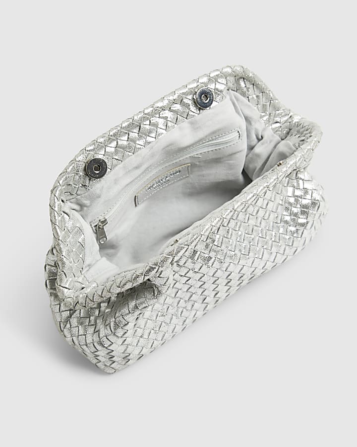 Silver Leather Woven Clutch Bag