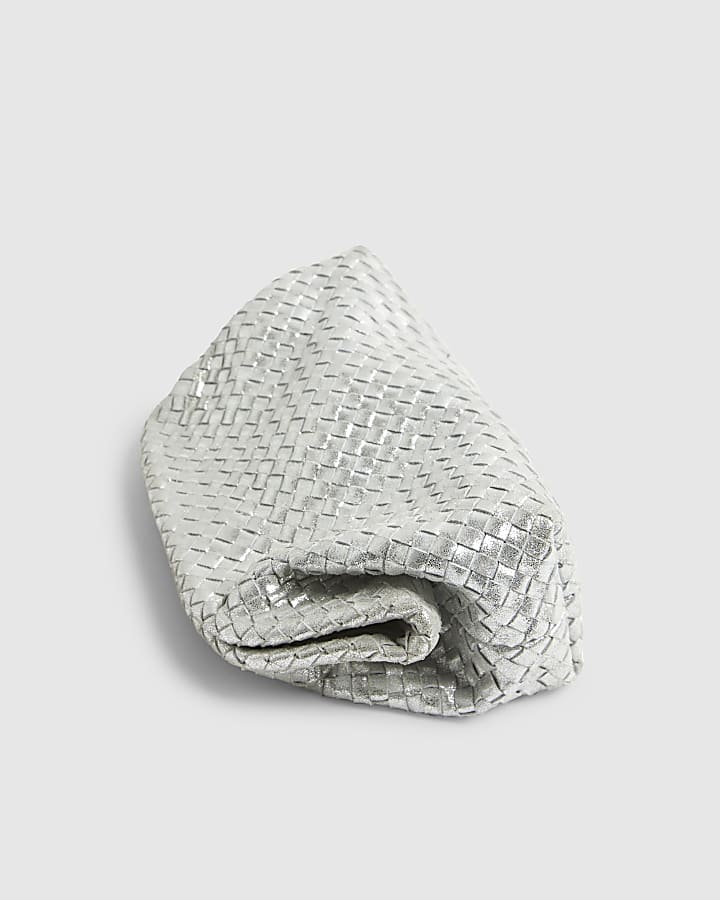 Silver Leather Woven Clutch Bag