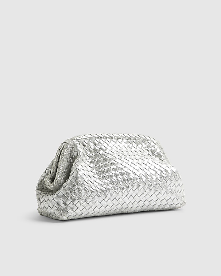 Silver Leather Woven Clutch Bag