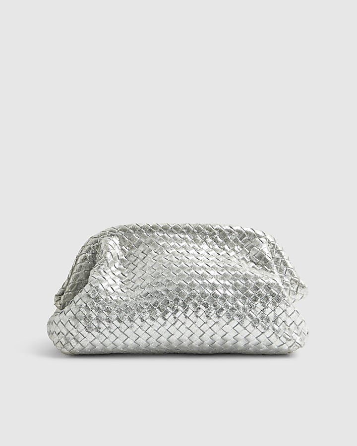 Silver Leather Woven Clutch Bag