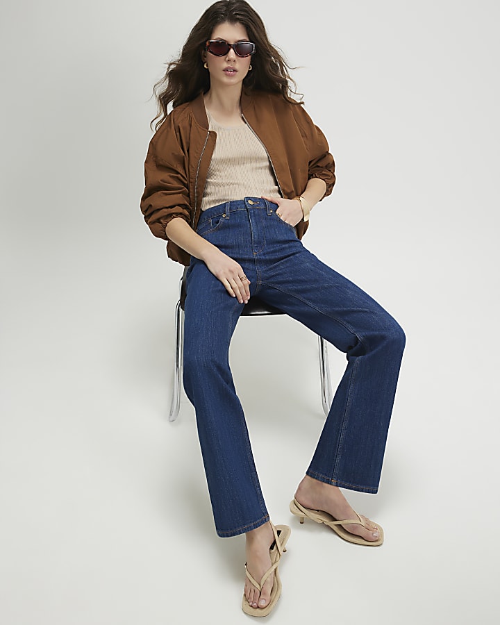 Blue High Waisted Stretch Straight Leg Jeans