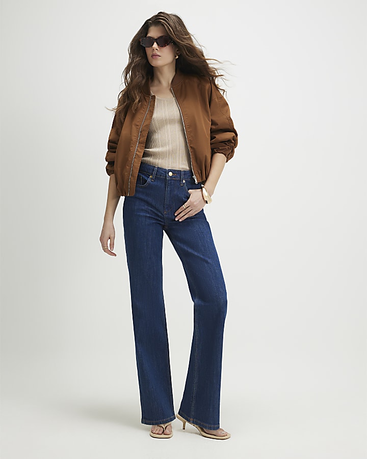 Blue High Waisted Stretch Straight Leg Jeans