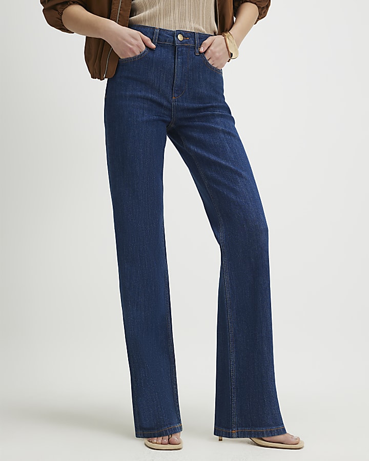 Blue High Waisted Stretch Straight Leg Jeans